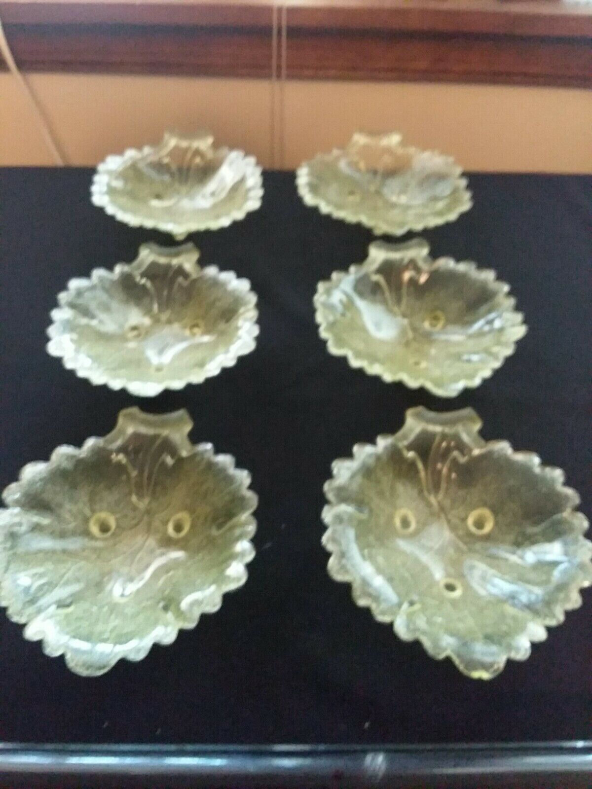 Vaseline Glass 6 Maple Leaf Sauce Dishes With Handles On Stubby Feet